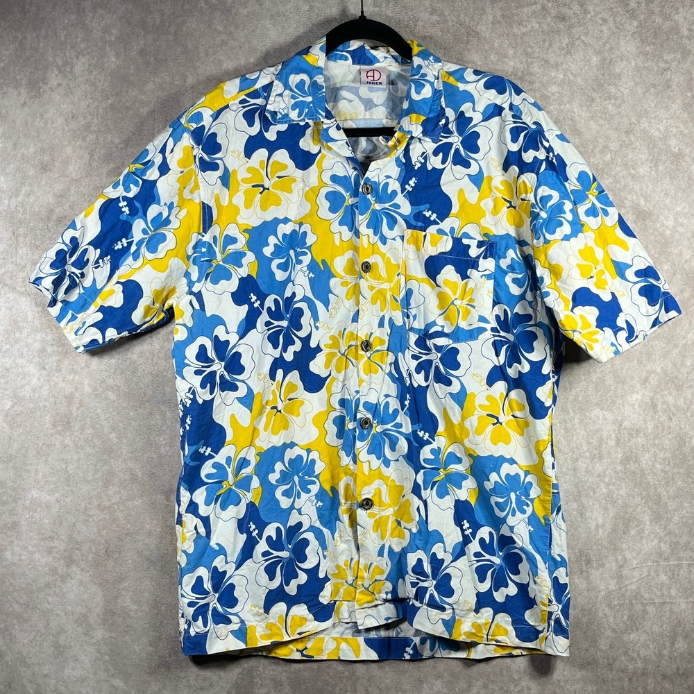 Joker Hawaiian Shirt Mens L Blue Floral Tropical Button Up Short Sleeves Summer